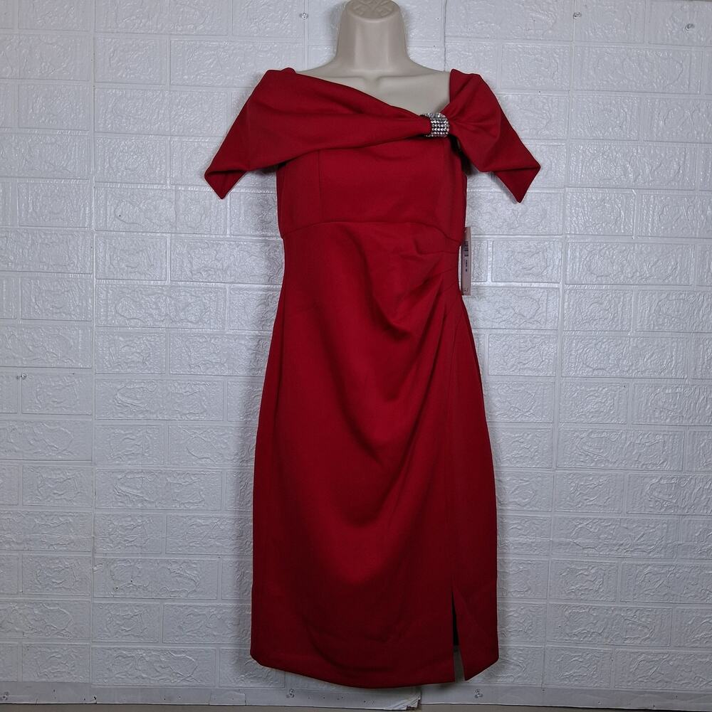 Eliza J Red Off Shoulder Rhinestone Bow Sheath Dress Size 6 NWT